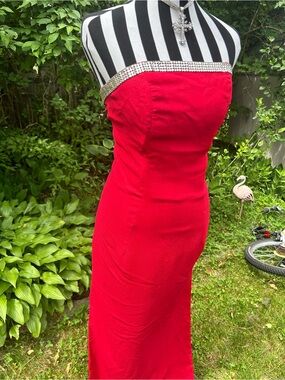 Vintage 2000’s Panoply Red sparkly Strapless Evening Gown with Rhinestone Trim